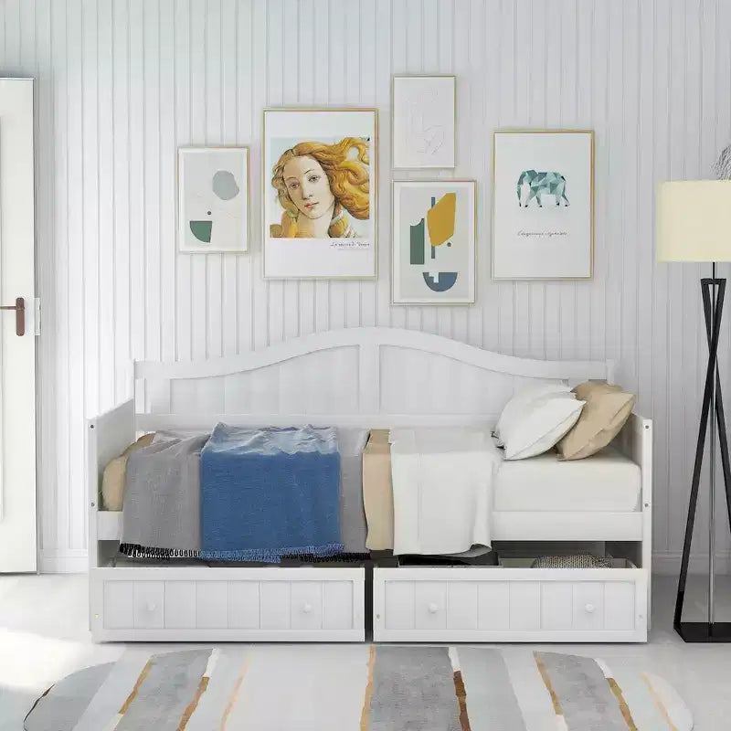 FAMYYT Lit banquette double en bois avec 2 tiroirs, assemblage facile, blanc