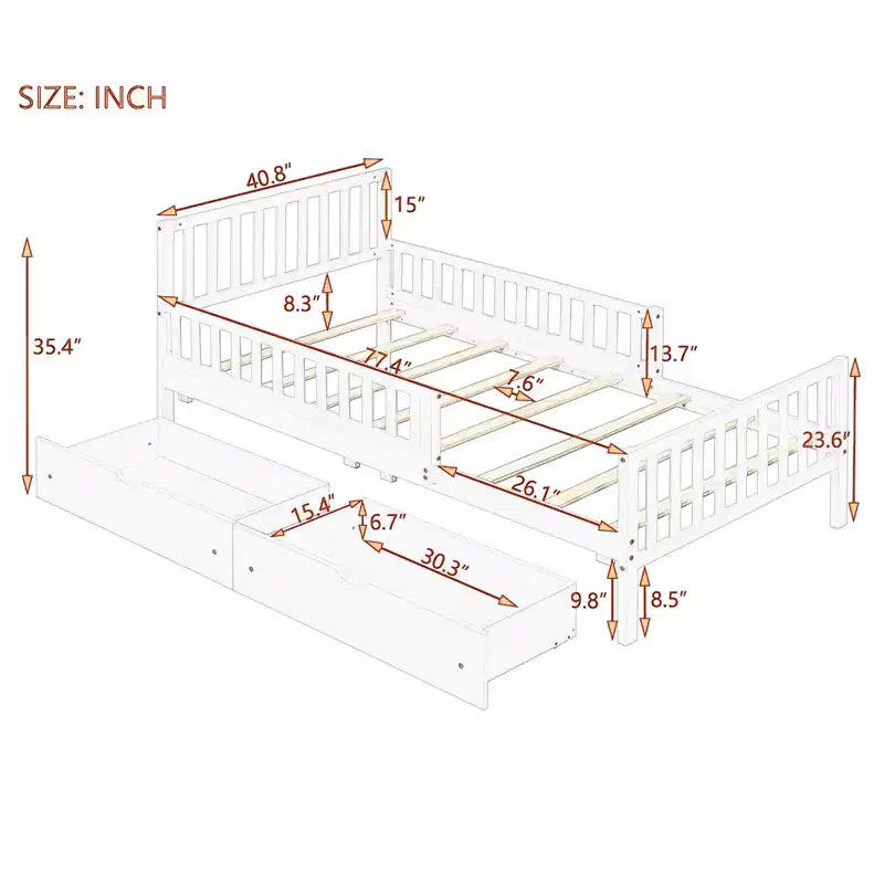 Lit jumeau plate-forme en bois avec barrières de sécurité et 2 tiroirs de rangement, Gris