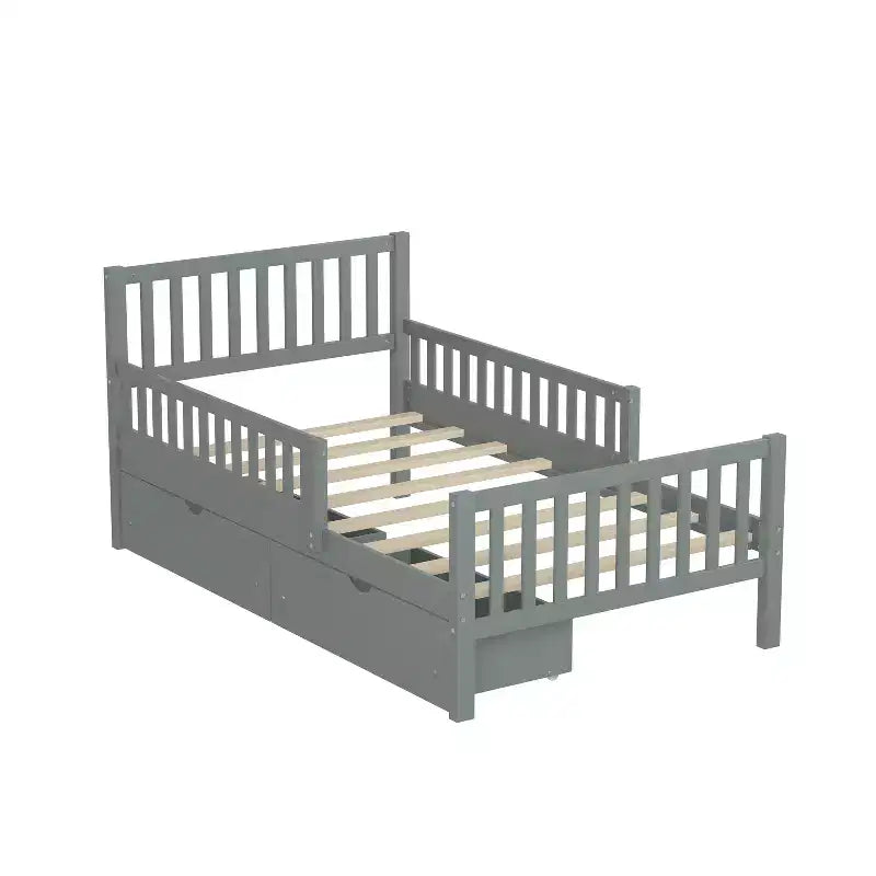 Lit jumeau plate-forme en bois avec barrières de sécurité et 2 tiroirs de rangement, Gris