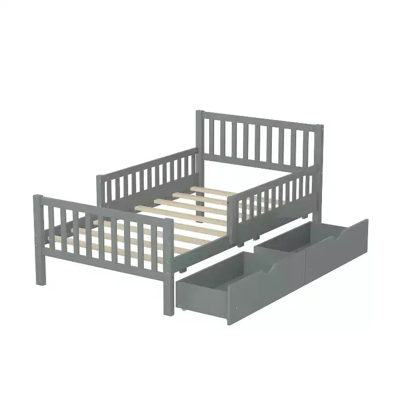 Lit jumeau plate-forme en bois avec barrières de sécurité et 2 tiroirs de rangement, Gris