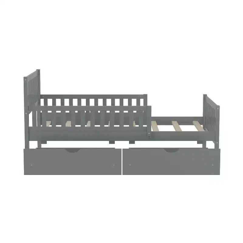 Lit jumeau plate-forme en bois avec barrières de sécurité et 2 tiroirs de rangement, Gris