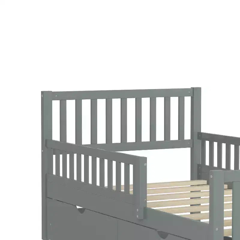 Lit jumeau plate-forme en bois avec barrières de sécurité et 2 tiroirs de rangement, Gris
