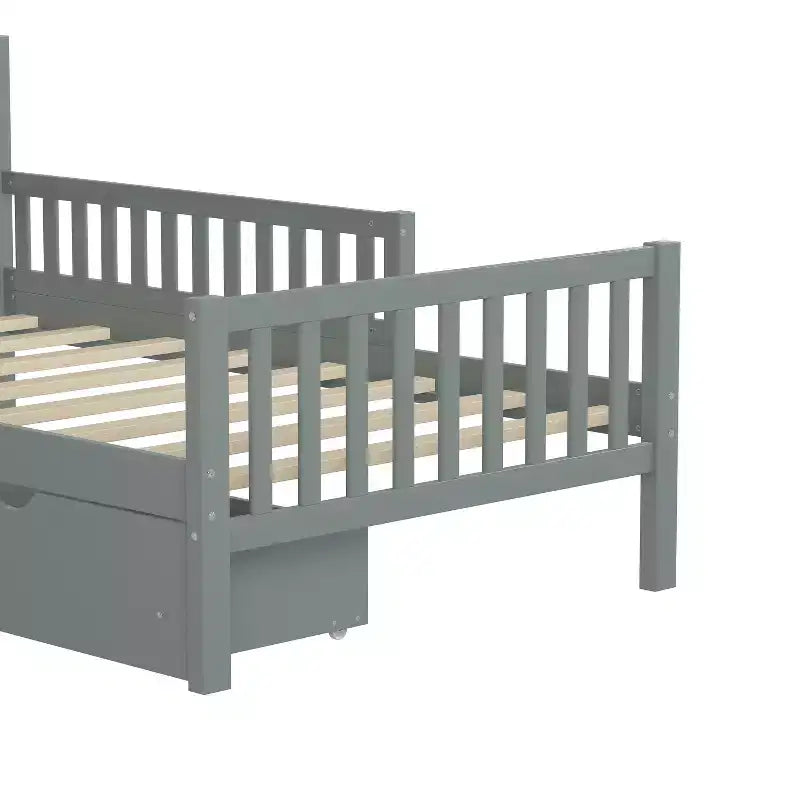 Lit jumeau plate-forme en bois avec barrières de sécurité et 2 tiroirs de rangement, Gris