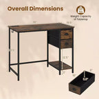 Bureau informatique Costway avec station de charge, 2 tiroirs en tissu, étagère de rangement et crochet pour casque Marron rustique et noir/Noir