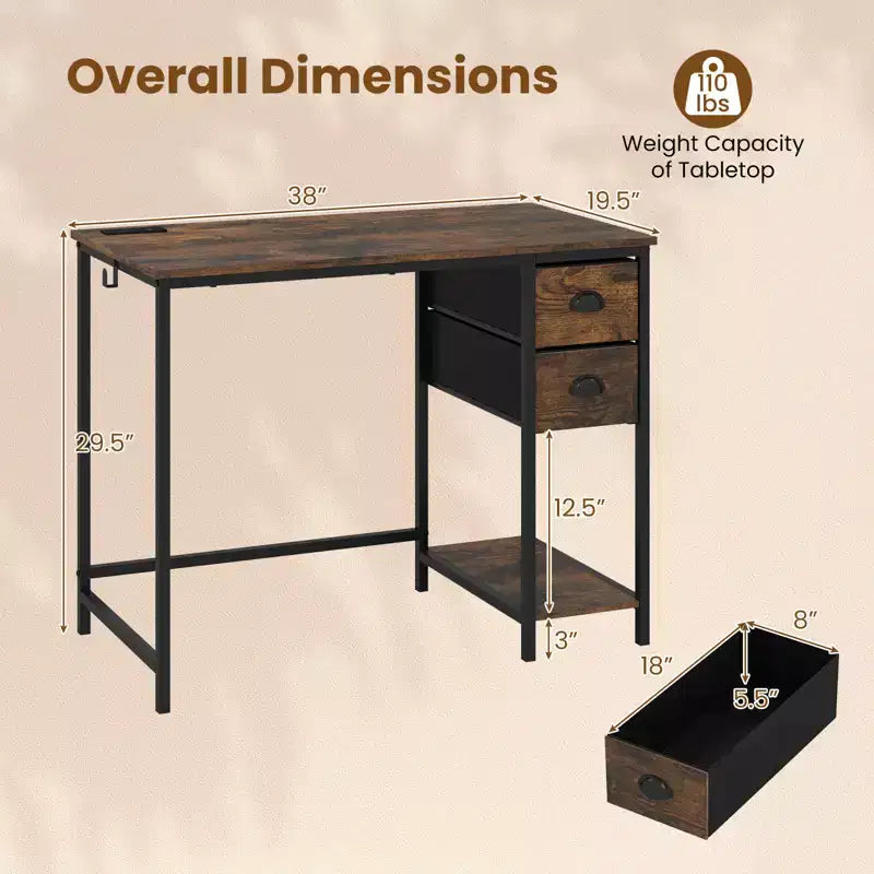 Bureau informatique Costway avec station de charge, 2 tiroirs en tissu, étagère de rangement et crochet pour casque Marron rustique et noir/Noir
