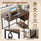 Bureau informatique Costway avec station de charge, 2 tiroirs en tissu, étagère de rangement et crochet pour casque Marron rustique et noir/Noir