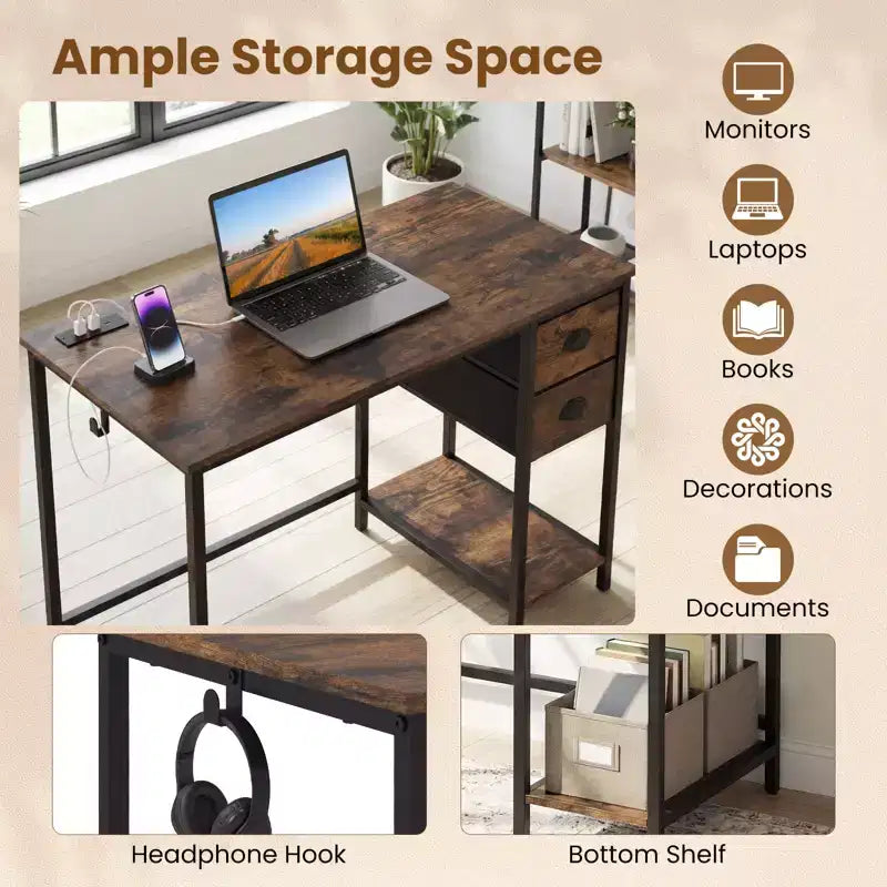 Bureau informatique Costway avec station de charge, 2 tiroirs en tissu, étagère de rangement et crochet pour casque Marron rustique et noir/Noir