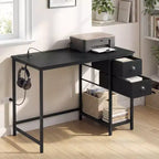 Bureau informatique Costway avec station de charge, 2 tiroirs en tissu, étagère de rangement et crochet pour casque Marron rustique et noir/Noir