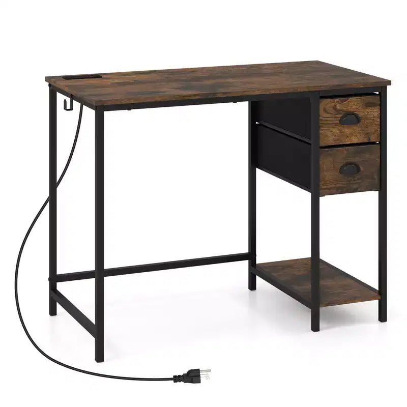 Bureau informatique Costway avec station de charge, 2 tiroirs en tissu, étagère de rangement et crochet pour casque Marron rustique et noir/Noir