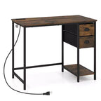 Bureau informatique Costway avec station de charge, 2 tiroirs en tissu, étagère de rangement et crochet pour casque Marron rustique et noir/Noir