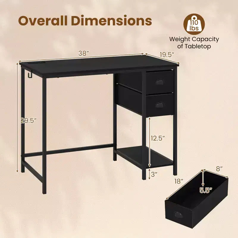 Bureau informatique Costway avec station de charge, 2 tiroirs en tissu, étagère de rangement et crochet pour casque Marron rustique et noir/Noir