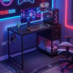 Bureau informatique Costway avec station de charge, 2 tiroirs en tissu, étagère de rangement et crochet pour casque Marron rustique et noir/Noir