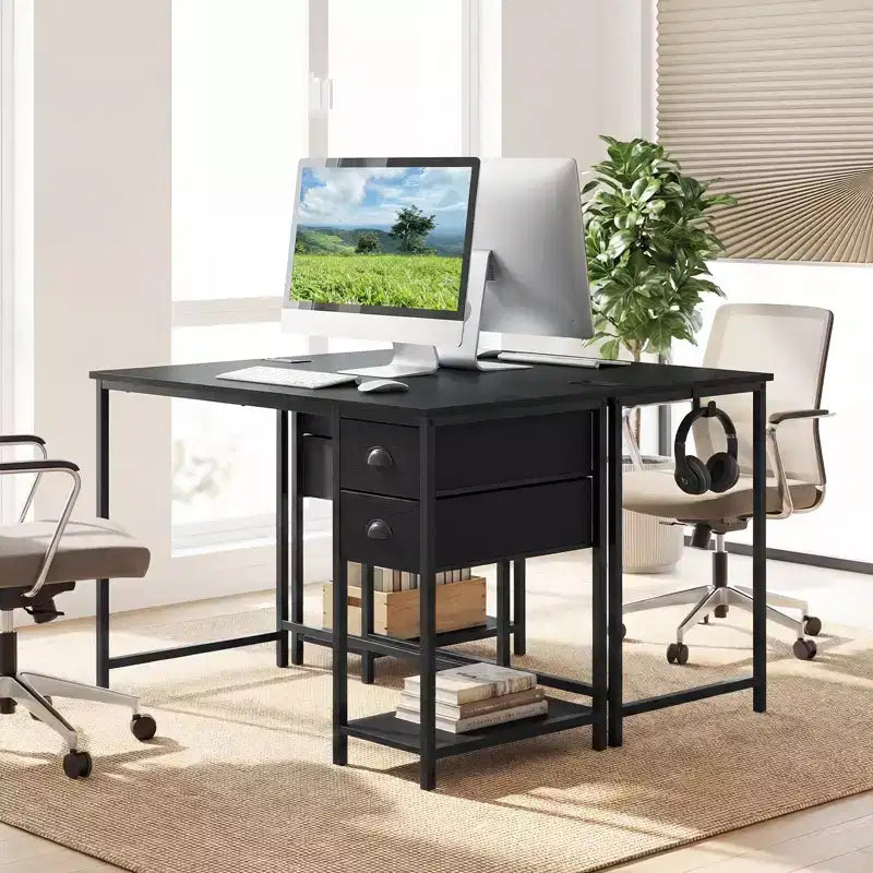 Bureau informatique Costway avec station de charge, 2 tiroirs en tissu, étagère de rangement et crochet pour casque Marron rustique et noir/Noir