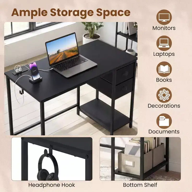 Bureau informatique Costway avec station de charge, 2 tiroirs en tissu, étagère de rangement et crochet pour casque Marron rustique et noir/Noir
