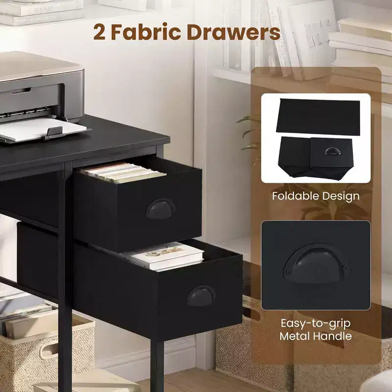 Bureau informatique Costway avec station de charge, 2 tiroirs en tissu, étagère de rangement et crochet pour casque Marron rustique et noir/Noir