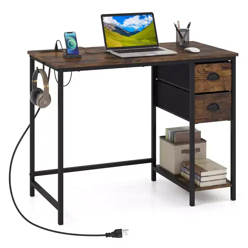 Bureau informatique Costway avec station de charge, 2 tiroirs en tissu, étagère de rangement et crochet pour casque Marron rustique et noir/Noir