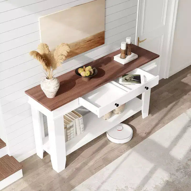 Console de couloir longue de 54 pouces de style ferme avec tiroirs, tables de couloir rectangulaires en bois avec étagère de rangement ouverte, table de canapé derrière le canapé, table de foyer