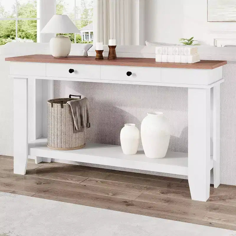 Console de couloir longue de 54 pouces de style ferme avec tiroirs, tables de couloir rectangulaires en bois avec étagère de rangement ouverte, table de canapé derrière le canapé, table de foyer