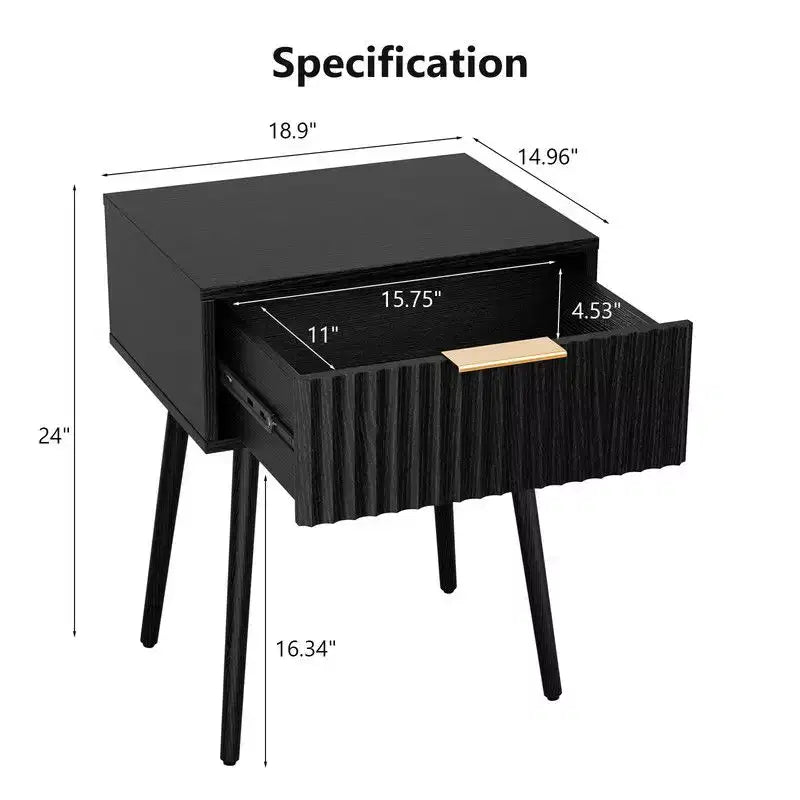 Karl Home Table de chevet noire 48 cm, panneaux de particules et MDF, mélamine et thermoformage, 1 tiroir, pieds hauts