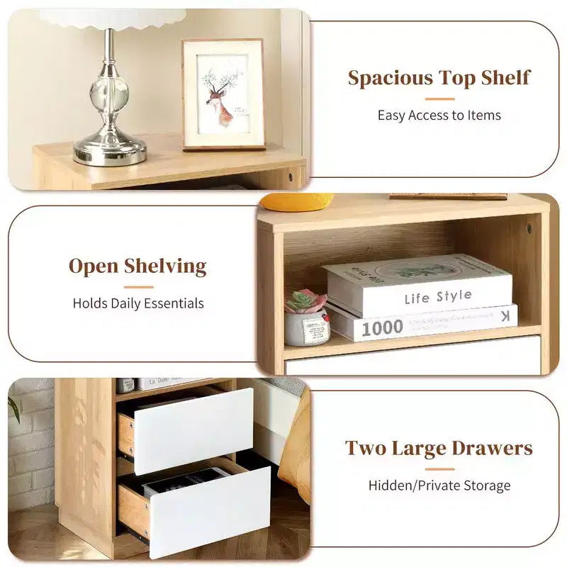 Table de chevet blanche Karl Home de 40 cm avec 2 tiroirs biseautés (2 pièces)