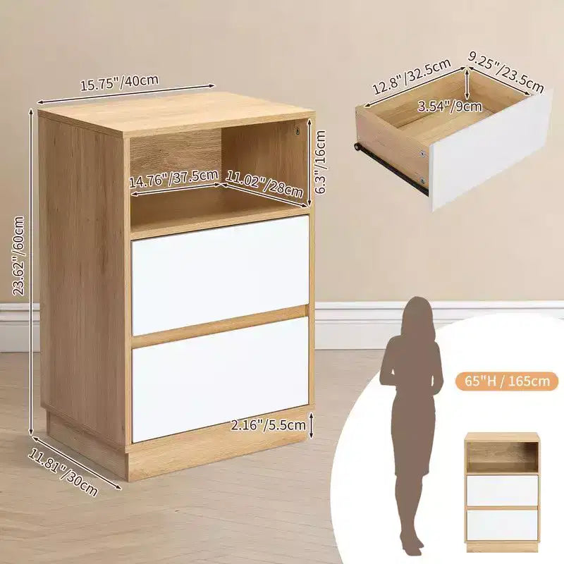 Table de chevet blanche Karl Home de 40 cm avec 2 tiroirs biseautés (2 pièces)