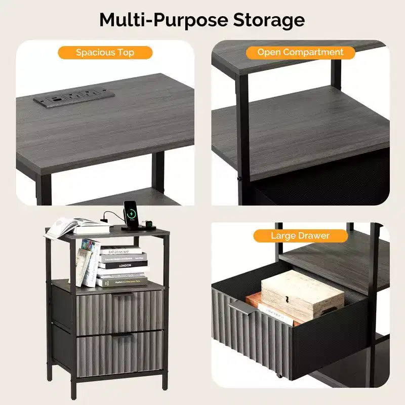 Table de chevet Karl Home de 38 cm de large - 2 tiroirs, 1 étagère, prise de courant américaine - lot de 2