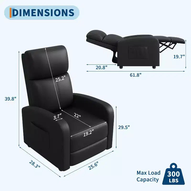 39.8 Fauteuil Inclinable pour Adultes, Fauteuil Relax Réglable en Cuir PU avec Dossier Haut, Poche Latérale, Siège Rembourré pour Salon et Home Cinéma