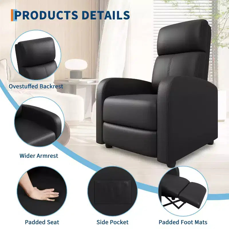 39.8 Fauteuil Inclinable pour Adultes, Fauteuil Relax Réglable en Cuir PU avec Dossier Haut, Poche Latérale, Siège Rembourré pour Salon et Home Cinéma