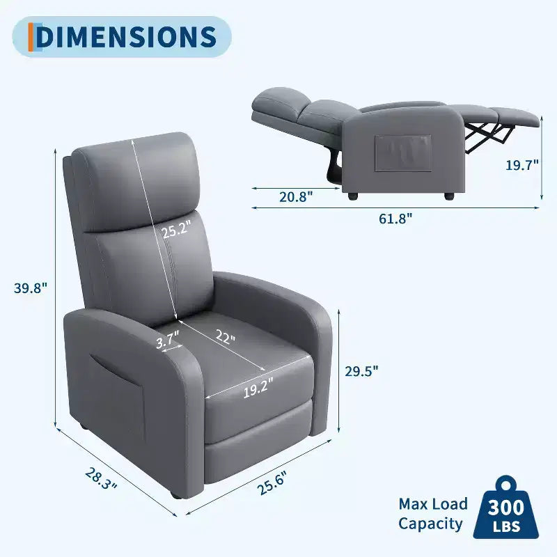 39.8 Fauteuil Inclinable pour Adultes, Fauteuil Relax Réglable en Cuir PU avec Dossier Haut, Poche Latérale, Siège Rembourré pour Salon et Home Cinéma