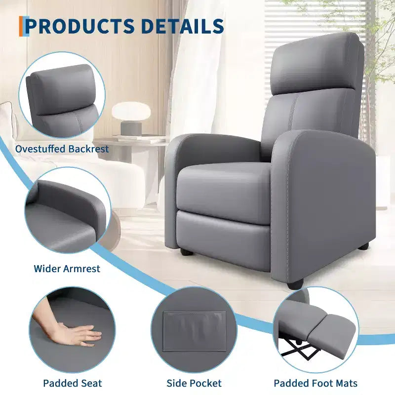 39.8 Fauteuil Inclinable pour Adultes, Fauteuil Relax Réglable en Cuir PU avec Dossier Haut, Poche Latérale, Siège Rembourré pour Salon et Home Cinéma