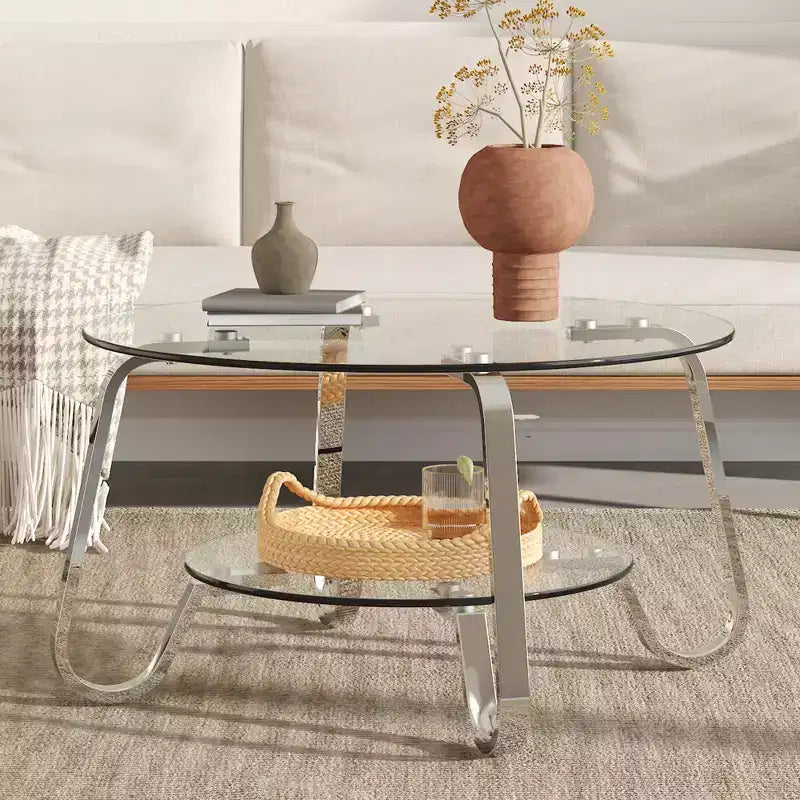 Table basse JVNOXK en verre trempé double couche avec cadre en métal rétro
