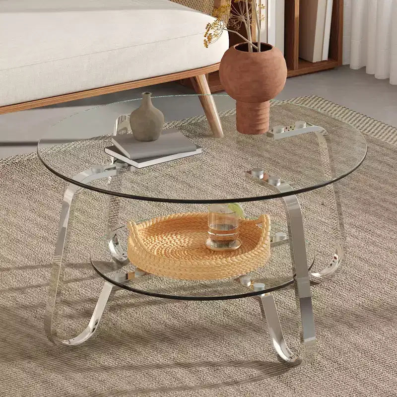 Table basse JVNOXK en verre trempé double couche avec cadre en métal rétro