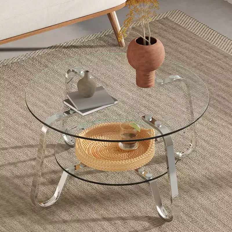 Table basse JVNOXK en verre trempé double couche avec cadre en métal rétro