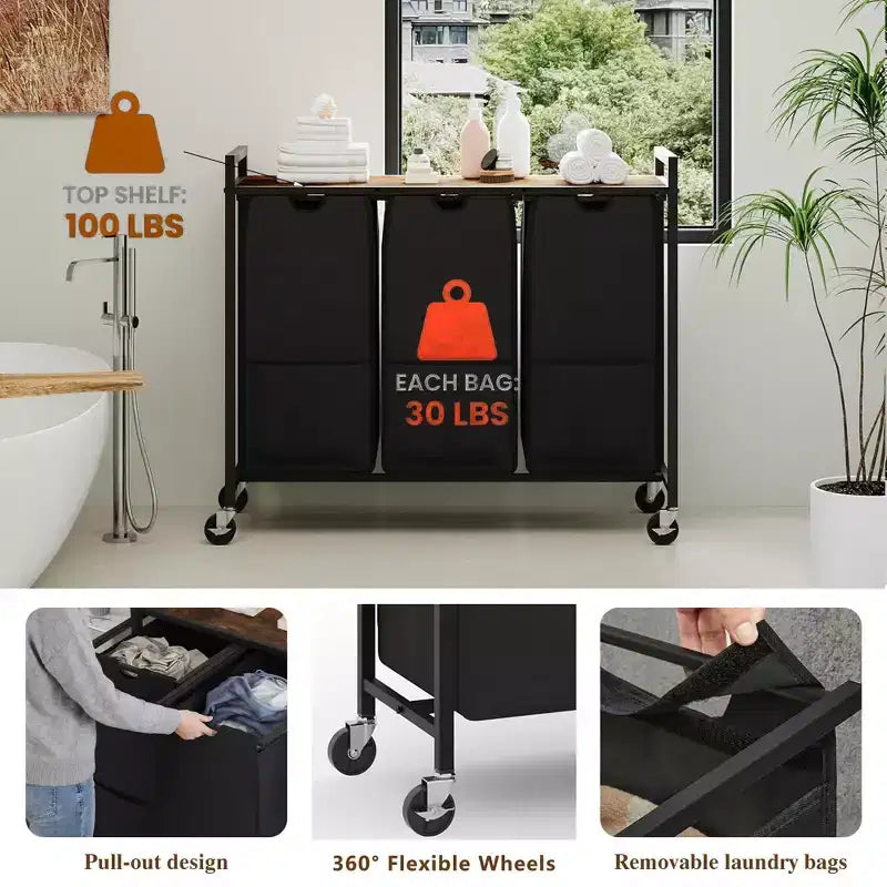Trieur à linge avec roulettes et sacs amovibles, Chariot de rangement roulant à 3 bacs avec étagère pour chambre, salle de bain, dortoir, Panier à linge 33 peu encombrant