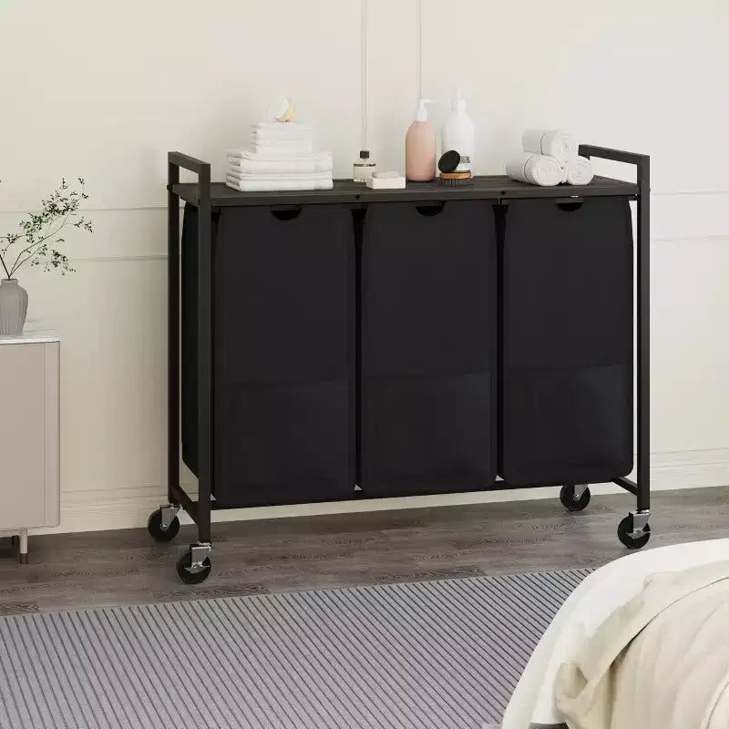 Trieur à linge avec roulettes et sacs amovibles, Chariot de rangement roulant à 3 bacs avec étagère pour chambre, salle de bain, dortoir, Panier à linge 33 peu encombrant