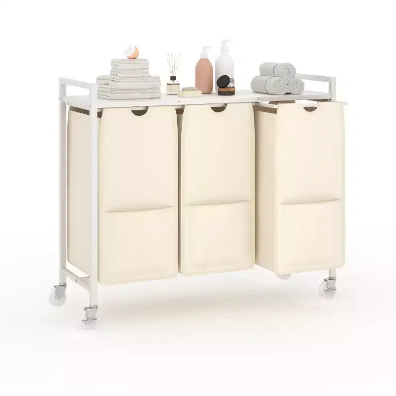 Trieur à linge avec roulettes et sacs amovibles, Chariot de rangement roulant à 3 bacs avec étagère pour chambre, salle de bain, dortoir, Panier à linge 33 peu encombrant