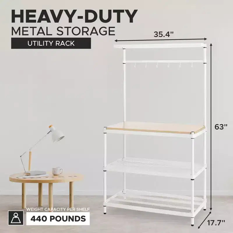 Design Ideas MeshWorks Étagère de rangement utilitaire en métal avec plateau en bois pour garage et cuisine, 89,9 x 44,9 x 160 cm, Blanc