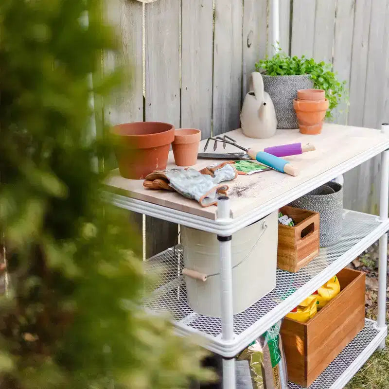 Design Ideas MeshWorks Étagère de rangement utilitaire en métal avec plateau en bois pour garage et cuisine, 89,9 x 44,9 x 160 cm, Blanc