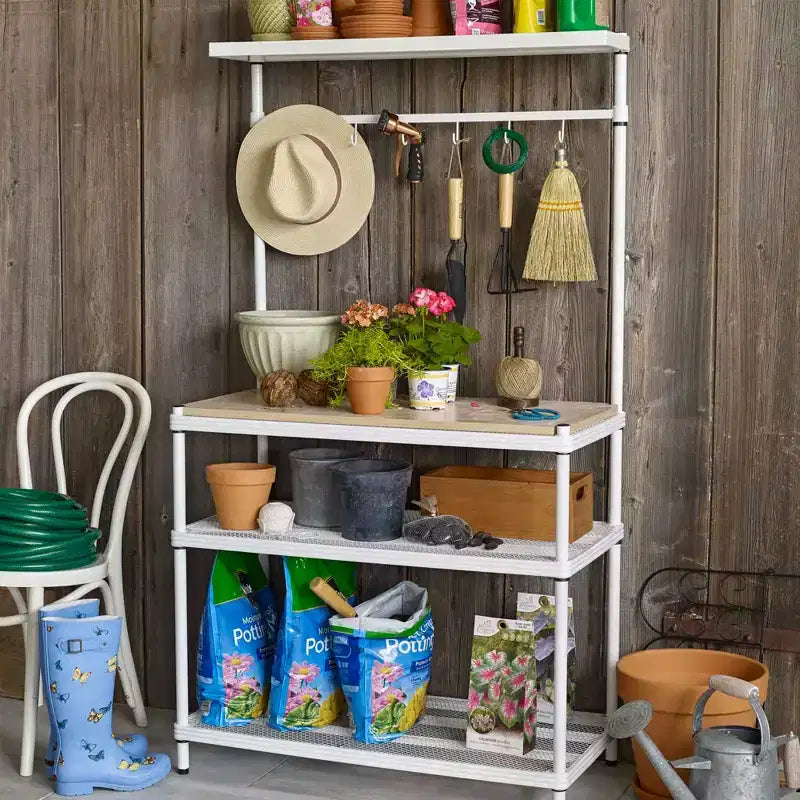 Design Ideas MeshWorks Étagère de rangement utilitaire en métal avec plateau en bois pour garage et cuisine, 89,9 x 44,9 x 160 cm, Blanc