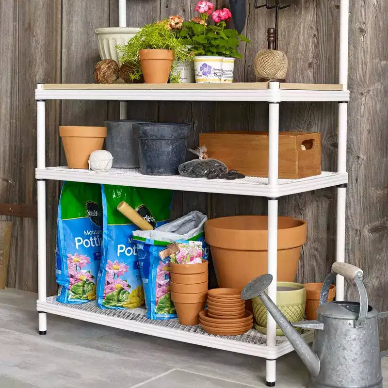 Design Ideas MeshWorks Étagère de rangement utilitaire en métal avec plateau en bois pour garage et cuisine, 89,9 x 44,9 x 160 cm, Blanc