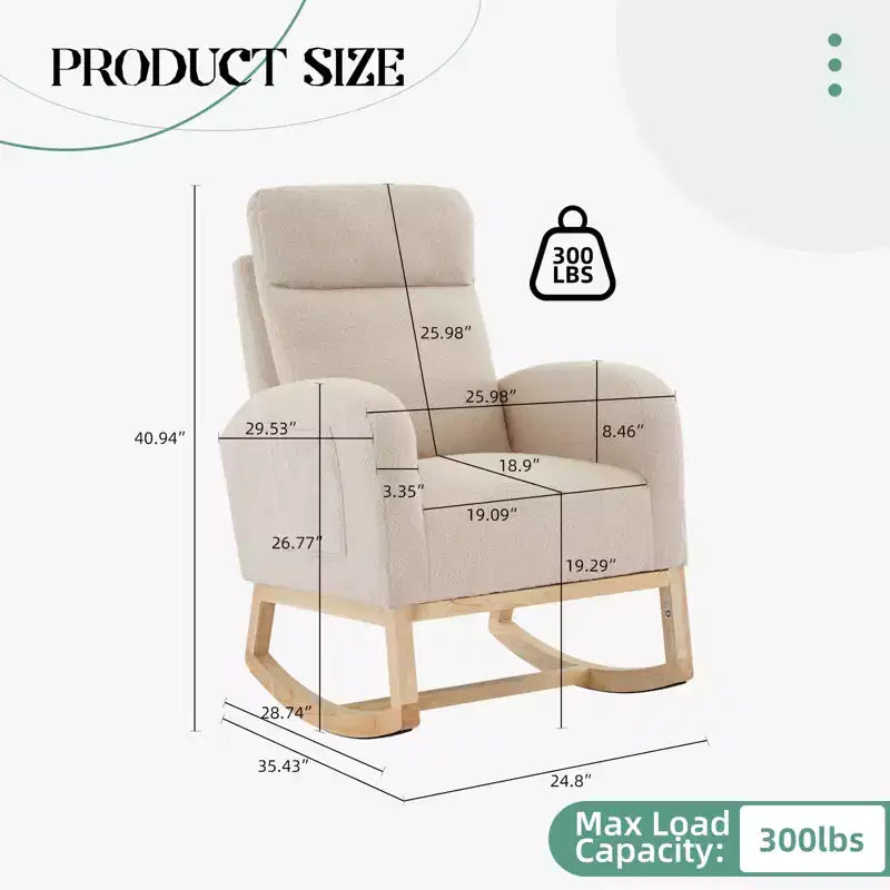 Fauteuil à bascule et planeur rembourré moderne avec dossier et appuie-tête hauts, fauteuil d'appoint à oreilles avec poches latérales et pieds en bois pour chambre de bébé, salon