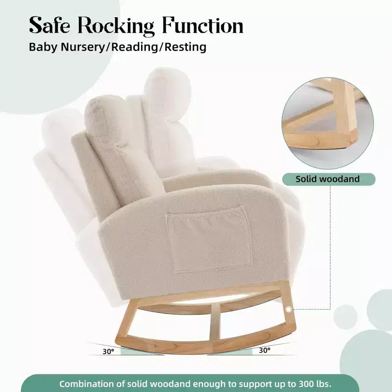 Fauteuil à bascule et planeur rembourré moderne avec dossier et appuie-tête hauts, fauteuil d'appoint à oreilles avec poches latérales et pieds en bois pour chambre de bébé, salon