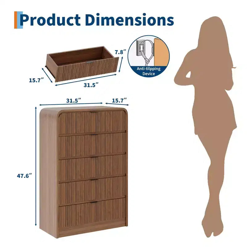 Commode haute à 5 tiroirs cannelés avec bords arrondis, commode moderne en bois de noyer, armoire de rangement autoportante pour chambre et salon