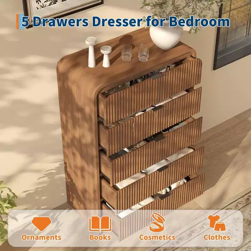 Commode haute à 5 tiroirs cannelés avec bords arrondis, commode moderne en bois de noyer, armoire de rangement autoportante pour chambre et salon