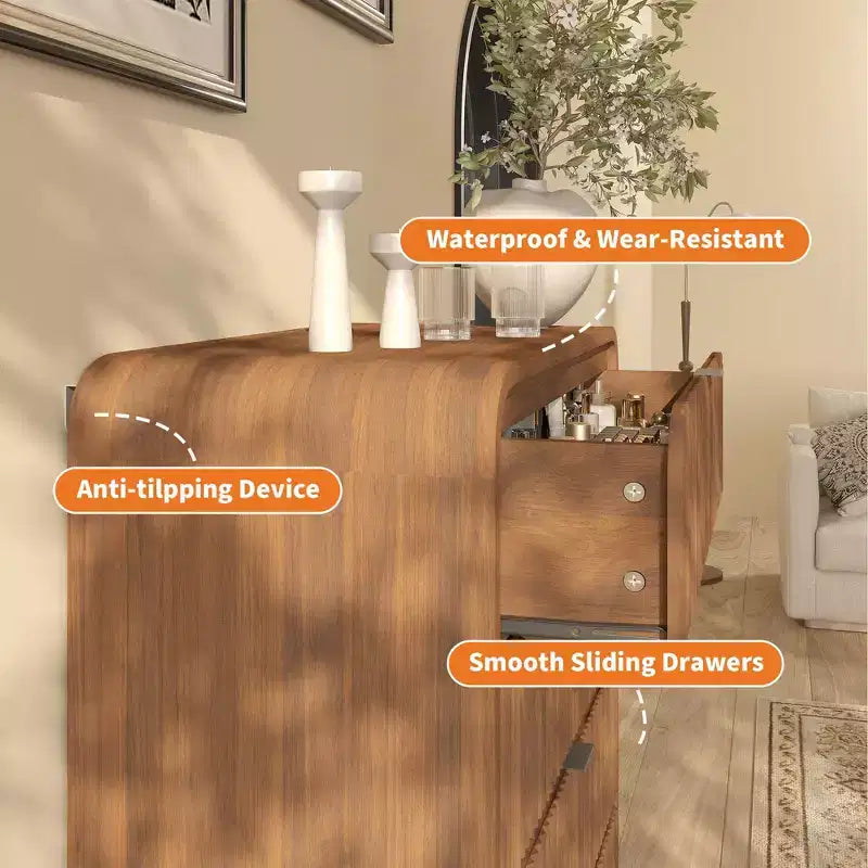 Commode haute à 5 tiroirs cannelés avec bords arrondis, commode moderne en bois de noyer, armoire de rangement autoportante pour chambre et salon