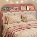 Cadre de lit double avec tête de lit en forme de biscuit sandwich, lit rose beige pour filles, rangement avec étagères intégrées à la tête de lit et 2 tiroirs, pas besoin de sommier, assemblage facile