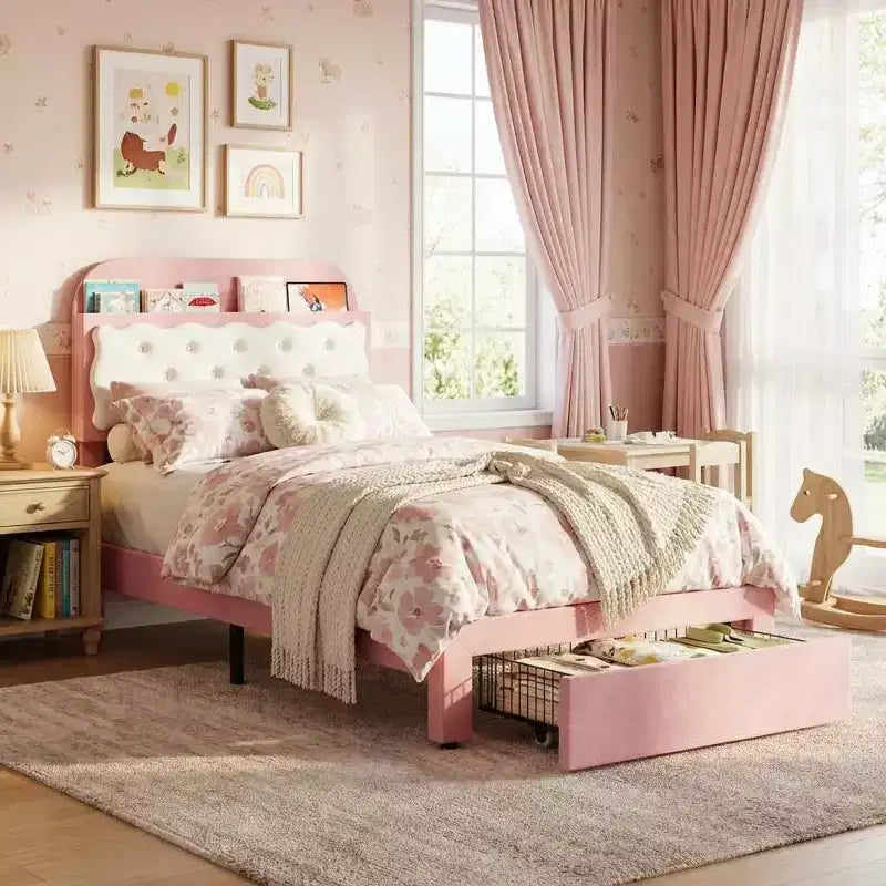 Cadre de lit double avec tête de lit en forme de biscuit sandwich, lit rose beige pour filles, rangement avec étagères intégrées à la tête de lit et 2 tiroirs, pas besoin de sommier, assemblage facile