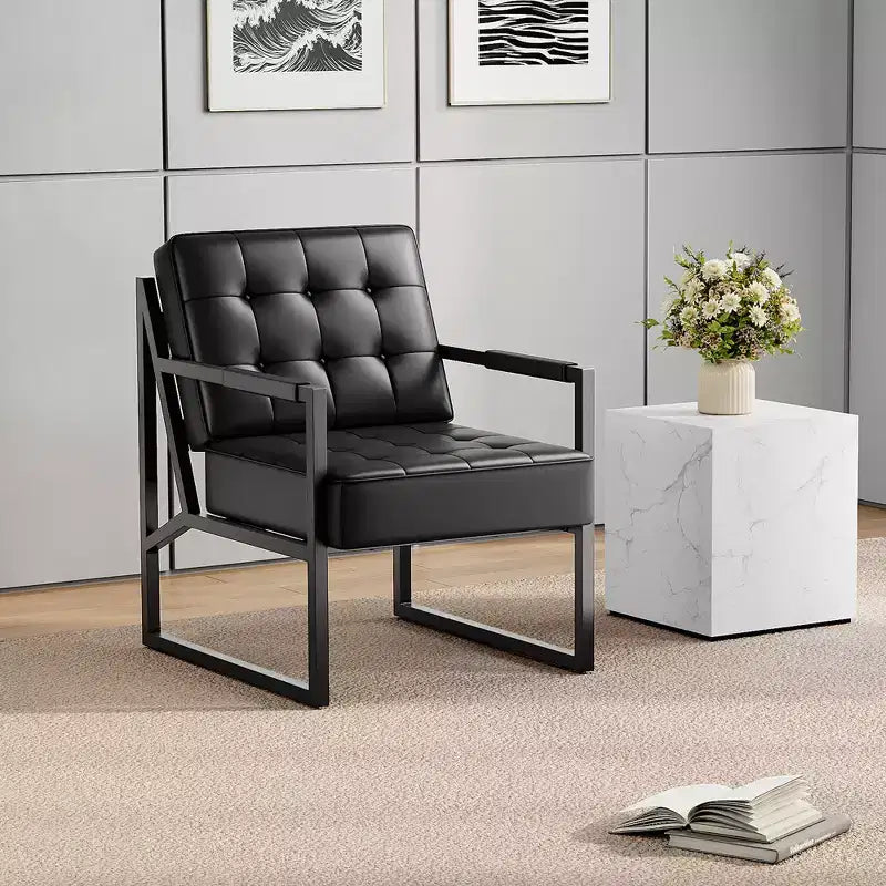 Fauteuil d'appoint en cuir PU, fauteuil de style moderne du milieu du siècle avec pieds en métal, fauteuil de lecture à dossier haut pour salon ou chambre à coucher