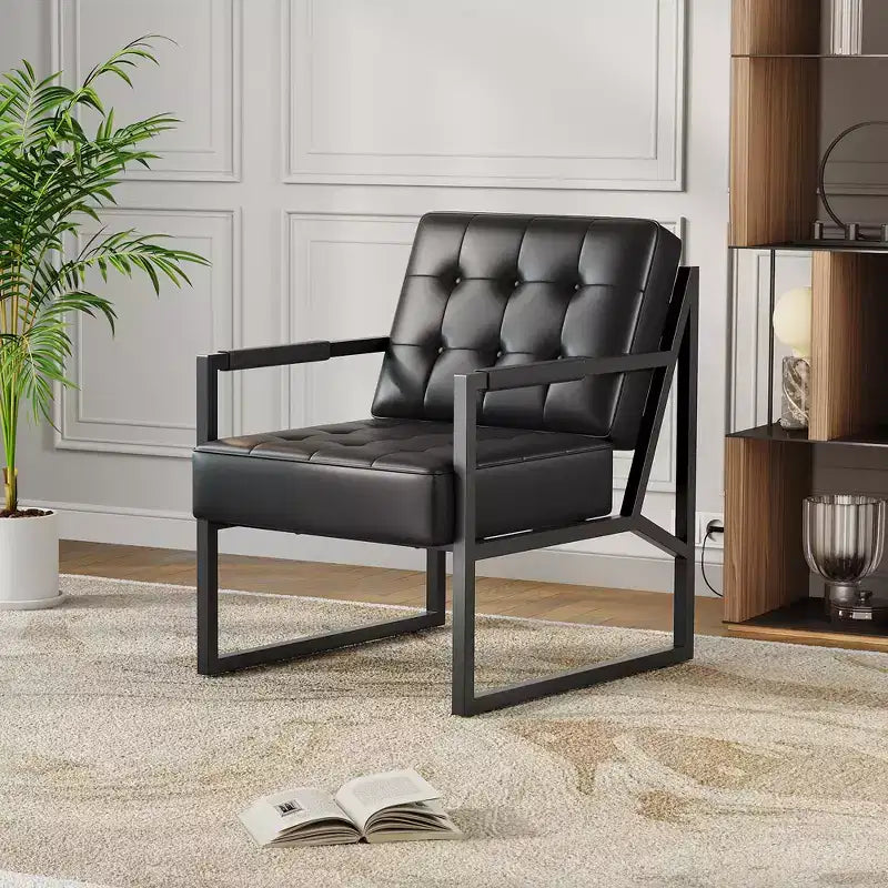 Fauteuil d'appoint en cuir PU, fauteuil de style moderne du milieu du siècle avec pieds en métal, fauteuil de lecture à dossier haut pour salon ou chambre à coucher