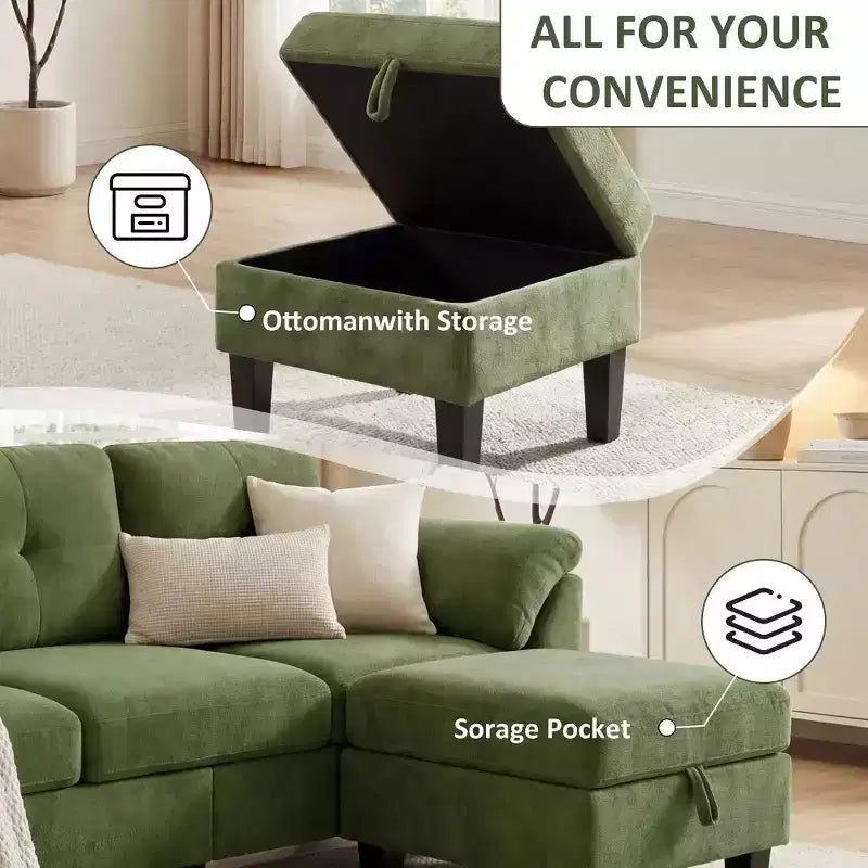 Dyonery 79 Canapé Sectionnel en Chenille en Forme de L Petit Canapé avec Accoudoirs Oreillers, Pouf de Rangement, Canapés 4 Places pour Salon, Appartement, Chambre